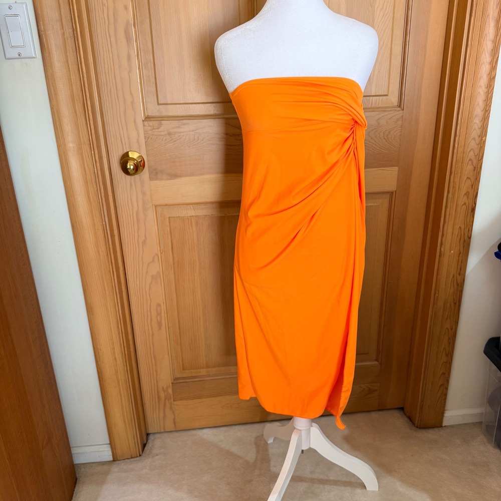 Strapless‎ Swim Dress Cover upL Neon Orange Gathered Knot Wrap Bodycon Tube